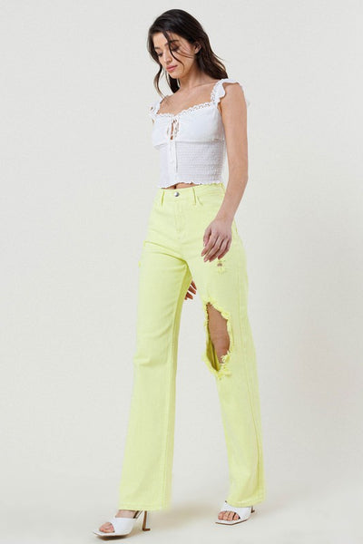 Distressed wide cut straight leg jeans