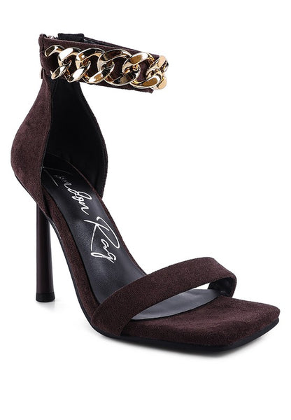 last sip heeled faux suede chain strap sandal