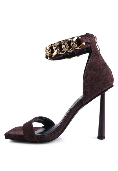 last sip heeled faux suede chain strap sandal