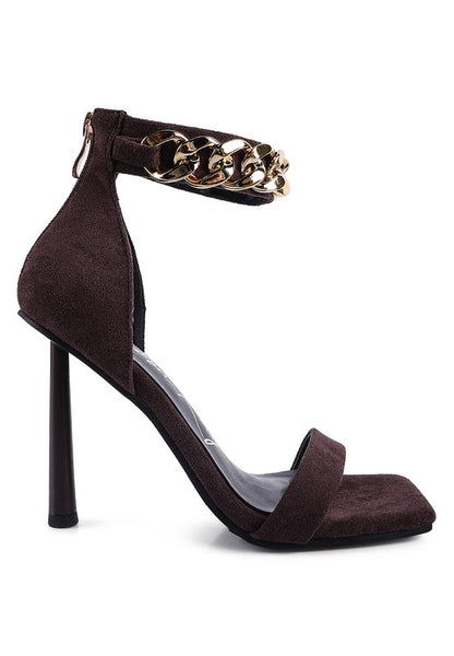 last sip heeled faux suede chain strap sandal