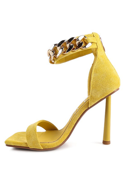 last sip heeled faux suede chain strap sandal