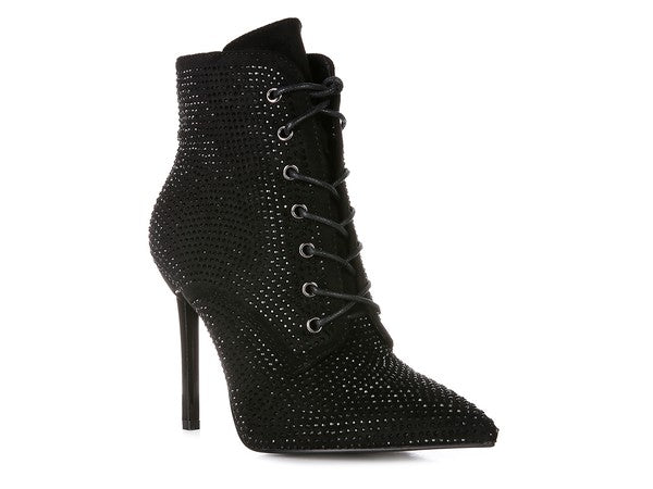 Head on faux Suede Diamante Ankle Boots