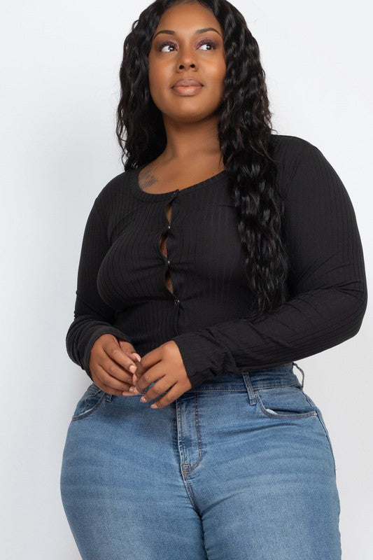 Plus Size Long Sleeve Snap Button Down Crop Top