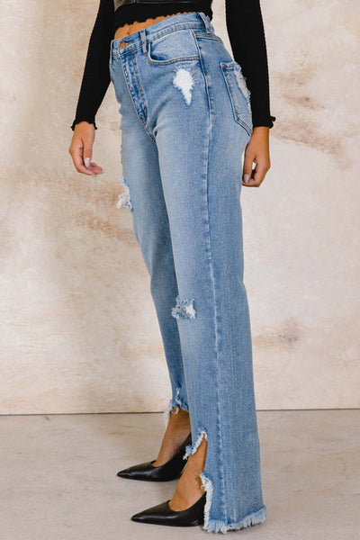 High rise distressed wide jeans