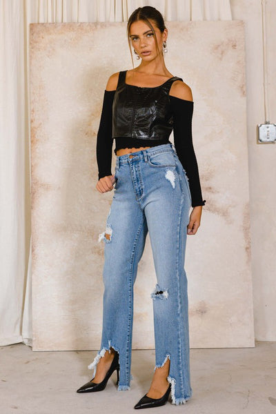 High rise distressed wide jeans