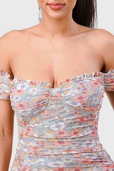 Floral Print Mesh Sweetheart Ruffled Off Shoulder Ruched Mini Dress