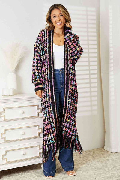 Double Take Multicolored Open Front Fringe Hem Cardigan