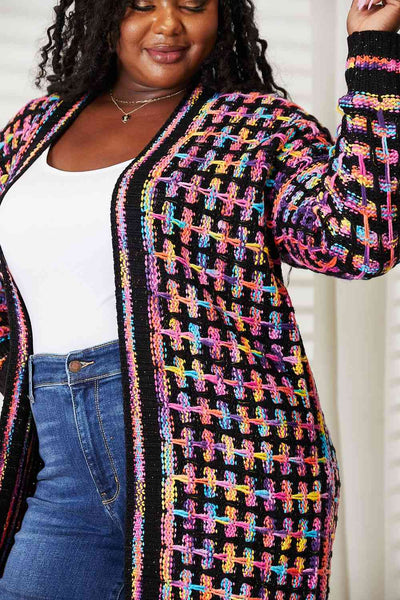 Double Take Multicolored Open Front Fringe Hem Cardigan