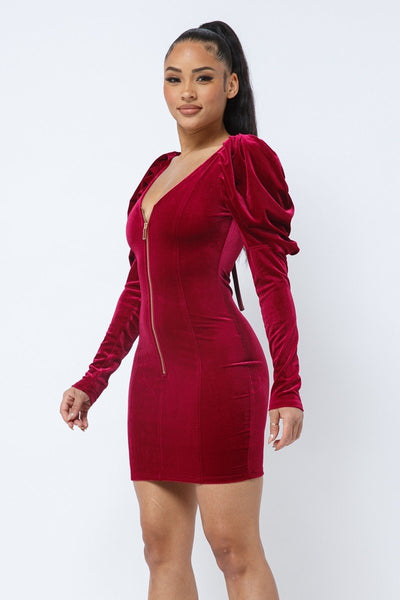 Soft red velvet puff mini dress