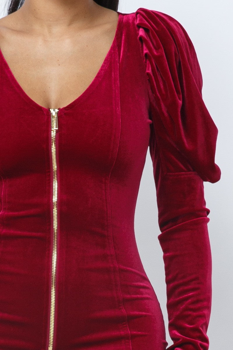 Soft red velvet puff mini dress