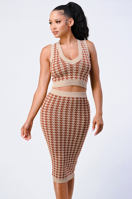 luxe gingham rib knit top and skirt sets