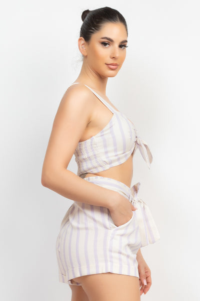 tie-front striped crop top & belted shorts set