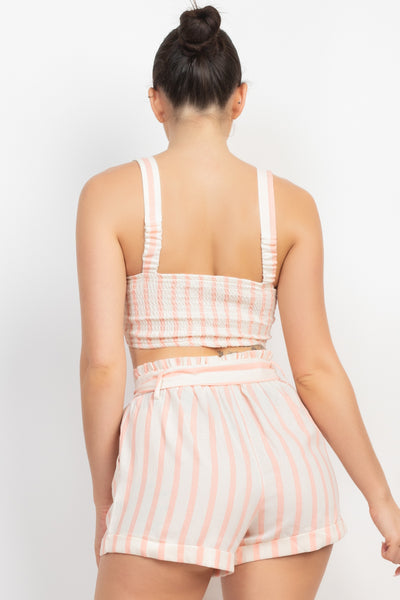 tie-front striped crop top & belted shorts set