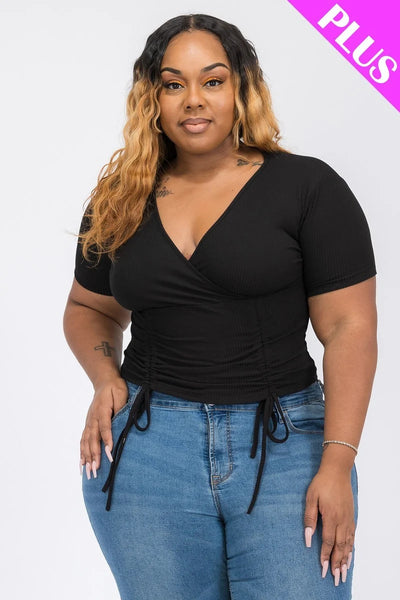 Plus ribbed ruched drawstring surplice top