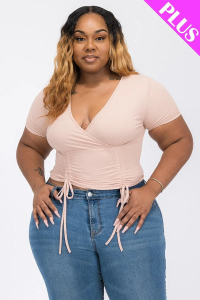 Plus ribbed ruched drawstring surplice top