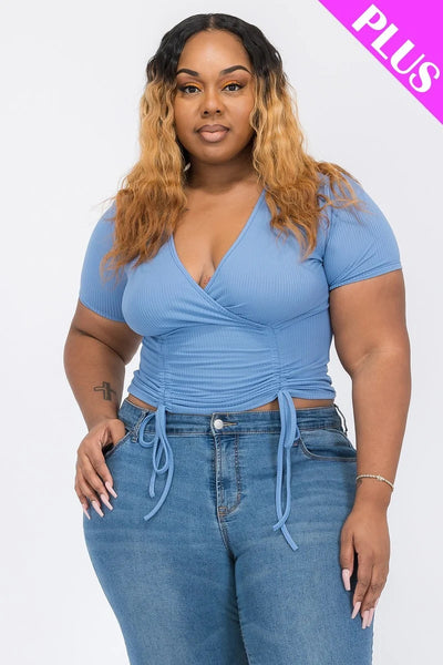 Plus ribbed ruched drawstring surplice top