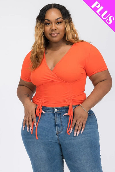 Plus ribbed ruched drawstring surplice top