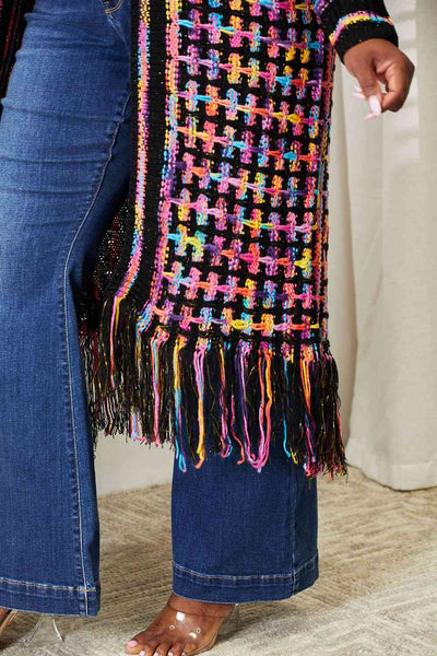 Double Take Multicolored Open Front Fringe Hem Cardigan